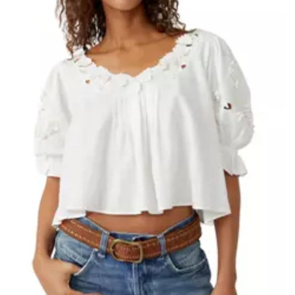 Free People White Sophie Embroidered Top